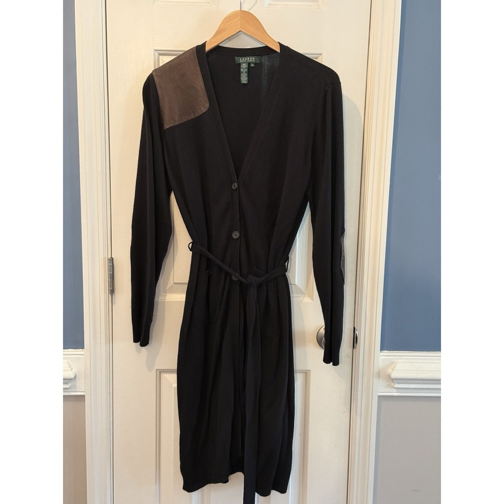 Vtg lauren ralph lauren Long Black Cardigan Sweater Size XL Brown Patch Silk